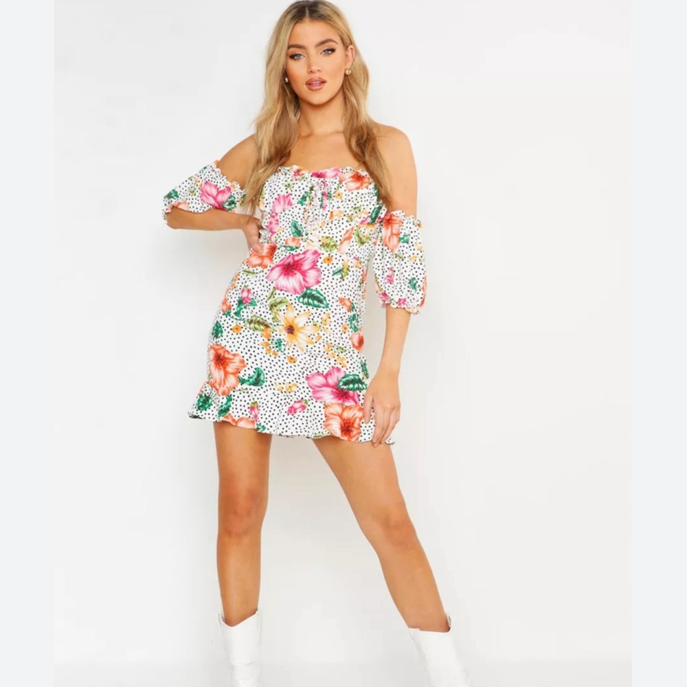 Sweetheart Puff Sleeve Floral Lace Up Mini Dress